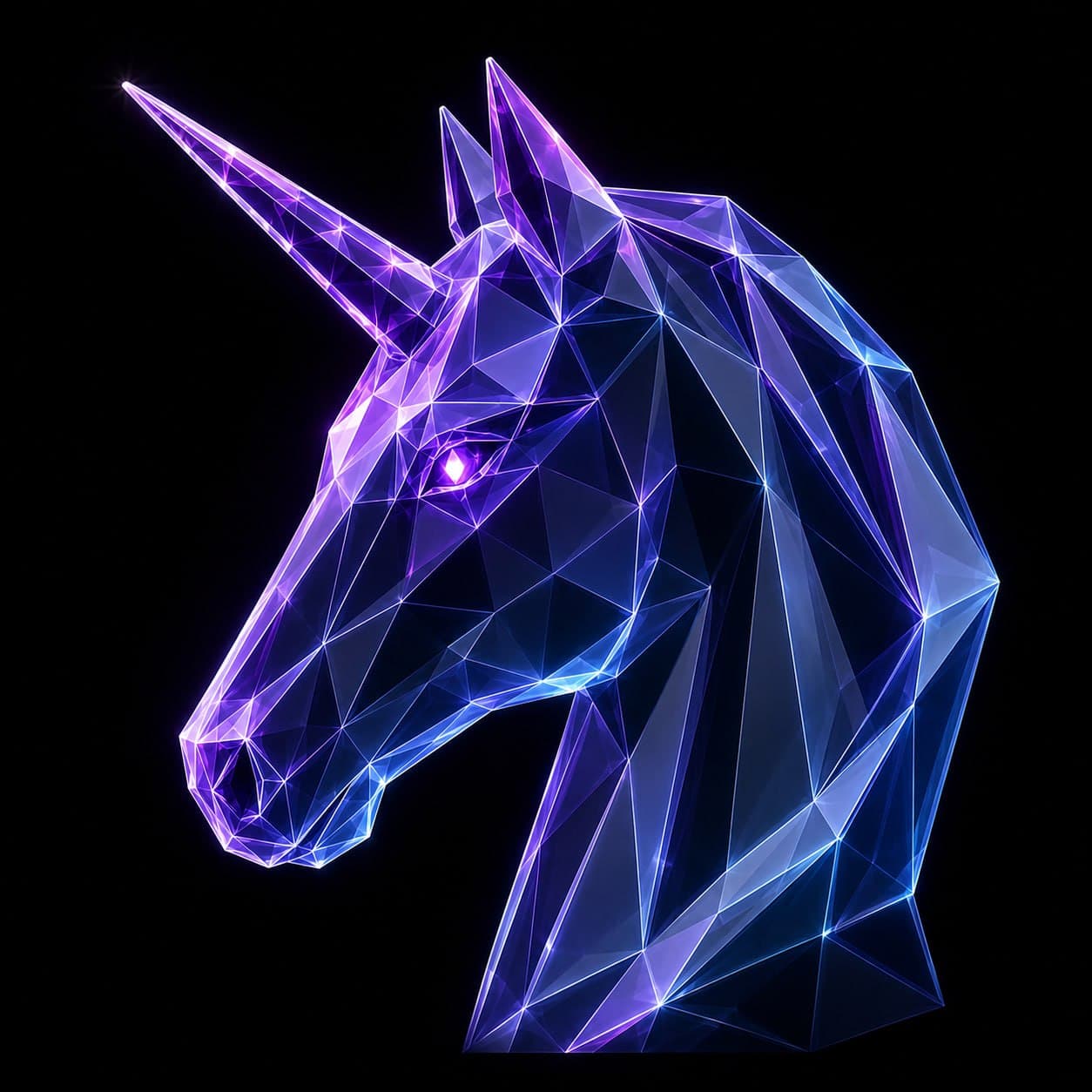Anonymous Unicorn, the violet and cyan crystalline EvalLens mascot